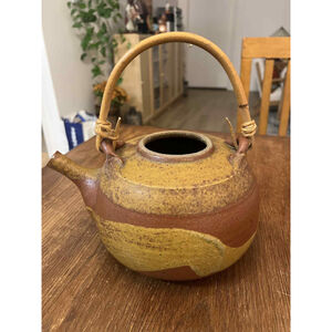 Studio Pottery Teapot with Bamboo Handle Primitive Cave Drawings SIGNED